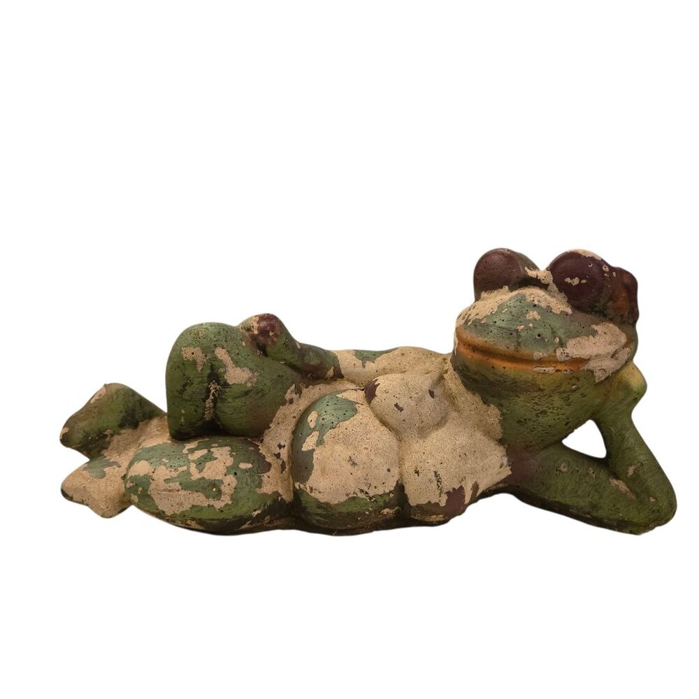 Vintage Sunbathing Frog Cement Decor Bikini Sunglasses Toad Garden Yard Art